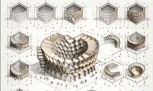 building honeycomb,isometric,honeycomb structure,honeycomb grid,structures,futuristic architecture,orthographic,kirrarchitecture,jewelry（architecture）,cross sections,islamic architectural,geometry shapes,lattice windows,architecture,tessellation,ventilation grid,sheet drawing,cubic house,biomechanical,escher