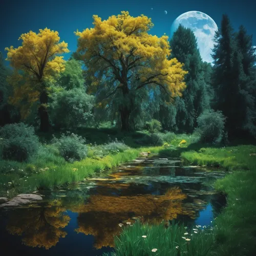 landscape background,meadow landscape,fantasy landscape,moonlit night,nature landscape,river landscape,mirror in the meadow,world digital painting,forest landscape,fantasy picture,landscape nature,moonlit,lunar landscape,beautiful landscape,salt meadow landscape,autumn landscape,natural landscape,blue moon,meadow in pastel,green landscape,Art,Classical Oil Painting,Classical Oil Painting 16