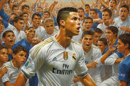 Illustrate Ronaldo as a role model, inspiring young athletes around the world,cristiano,ronaldo,real madrid,oil painting on canvas,oil on canvas,oil painting,bale,the referee,the leader,passion,footba