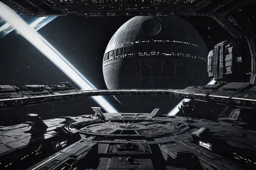 Space Station, Death Star, Galactic Empire, Imperial Fleet, futuristic, metallic, dark grey, intricate details, complex structure, planet-destroying laser, ominous atmosphere, stars in the background,