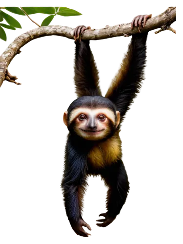 Rainforest animals, lush green background, vibrant colors, exotic atmosphere, sloth hanging upside down, slow-moving eyes, soft fur, claws gripping branch, capuchin monkey jumping between trees, agile