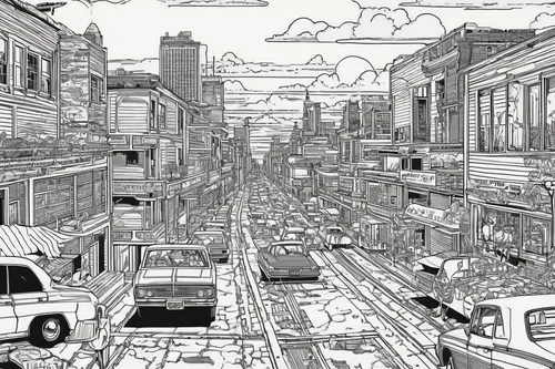 mono-line line art,slums,mono line art,urbanization,city scape,coloring page,city highway,laneway,metropolises,suburb,cities,big city,greystreet,office line art,line-art,pencil drawings,urban landscape,black city,street car,pen drawing,Illustration,American Style,American Style 15