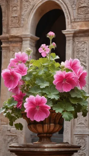 Write a romantic scene with a pink geranium as the centerpiece.,potted flowers,terracotta flower pot,ornamental flowers,persian buttercup,geraniums,petunias,pink geranium,geranium pink,pink city,pink 