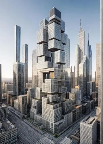 Realistic . the tallest yet futuristic skyscraper tower in New York that primarily relies on the concept of stacking irregular boxes , exposed structural frames
The overall aesthetic is modern and de-