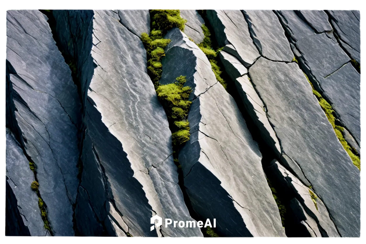 Grey stone, rough texture, natural pattern, detailed cracks, weathered surface, moss growth, rocky formation, rugged edges, earthy color tone, high contrast lighting, dramatic shadows, close-up shot, 