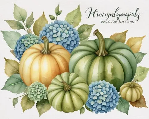 an image of a watercolor fall card with pumpkins,ornamental gourds,cornucopias,decorative pumpkins,necropsies,cornucopia,autumn pumpkins