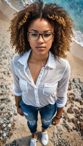 artificial hair integrations,girl in t-shirt,beach background,hushpuppy,portrait background,portrait photography,girl on a white background,afroamerican,girl sitting,african-american,african american woman,with glasses,portrait photographers,female model,young model,girl in a historic way,lace round frames,afro american girls,girl portrait,young woman,Photography,General,Realistic