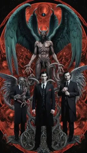  4 picture Collage of arc angel michael and lucifer,men in suits posing in front of an evil demon art work,samael,faustian,goetia,demonology,asmodeus,demonomicon,mephistopheles,luciferian,baphomet,dem