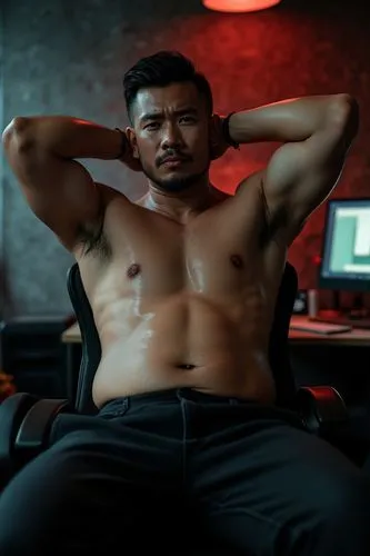 a fully naked sweaty wet attractive horny vietnamese masculine matured rough stocky average man sitting at his desk, arms up to show his sweaty armpits, wear a black wet office trousers, view from his