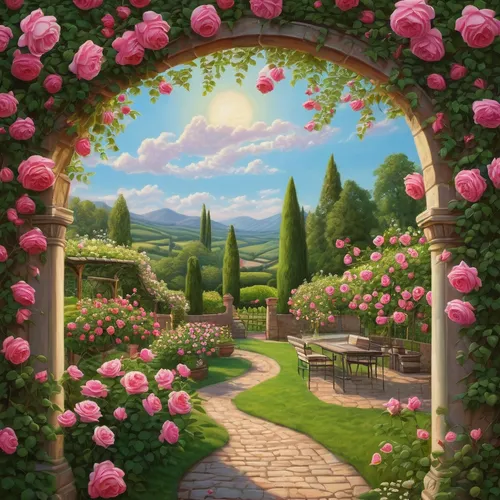 Write a whimsical poem about sipping rose wine under a blooming rose garden.,rose arch,landscape rose,rose garden,way of the roses,roses frame,garden door,flower background,landscape background,flower