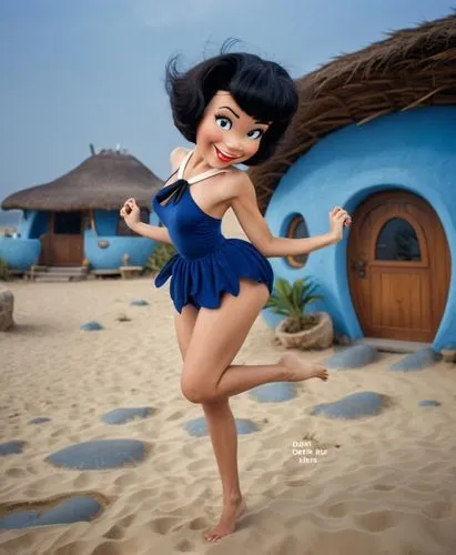 premiada foto de Betty Rubble, da era dos homens das cavernas, Os Flintstone, idade da pedra, de corpo Pernas grossas, Lindas e torneadas, cabelo curto, laço de cabelo, na praia, vestindo um vestido s