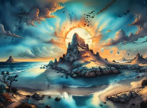 an artwork piece of a sunset with sea and a mountain,fantasy landscape,volcanic landscape,krakatoa,fantasy picture,volcanic,eruption,Illustration,Realistic Fantasy,Realistic Fantasy 25