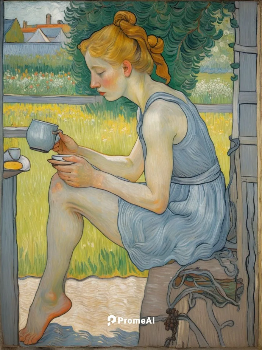 Barefoot girl with a knotted hairstyle in a simple gray mini dress with a coffee cup in the garden. Both knees are bent parallel.,woman drinking coffee,girl in the garden,girl with bread-and-butter,gi