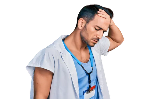 Rotator cuff tear, male patient, 40s, athletic build, worried expression, sweat on forehead, white medical gown, blue hospital background, doctor's hand examining shoulder, stethoscope around neck, X-