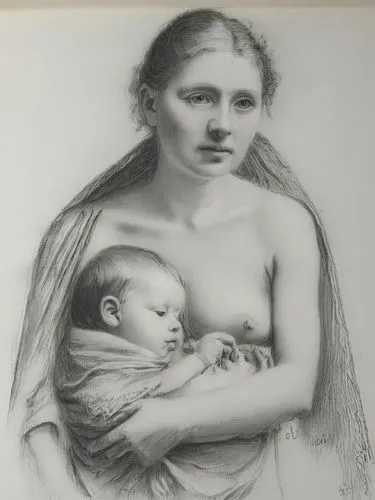 白色背景,a drawing of a woman holding a baby,mother and infant,bronzino,maternal,disegno,mother with children,silverpoint,Illustration,Black and White,Black and White 35