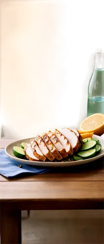 Fresh fruits, colorful vegetables, whole grain bread, grilled chicken breast, steaming quinoa, sparkling water, ceramic plate, wooden table, natural light, 3/4 composition, shallow depth of field, war