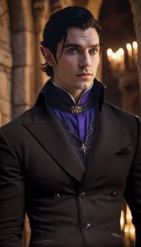 a man with a very short hair is dressed in black and purple,male elf,vladislaus,oberthur,chastelain,trevelyan,count dracula