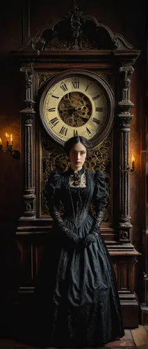 clockmaker,grandfather clock,victorian lady,the victorian era,gothic portrait,victorian style,watchmaker,ladies pocket watch,clockwork,pocket watch,clock face,ornate pocket watch,whitby goth weekend,the eleventh hour,longcase clock,victorian,time traveler,girl in a historic way,cuckoo clock,victorian fashion,Illustration,Retro,Retro 22