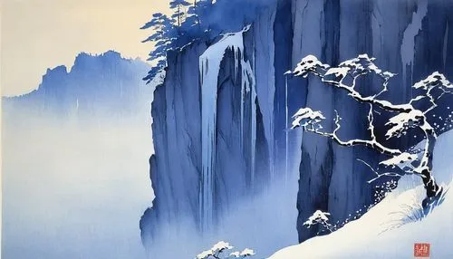 yiping,zhangjiagang,icefalls,haiping,zhangjiajie,jilin,icefall,chiyonofuji,cool woodblock images,wenhao,ice landscape,zhangjiakou,ice castle,dongjiang,wenzhao,snow landscape,hiroshige,yanzhao,zuoying,winter landscape,Illustration,Japanese style,Japanese Style 21