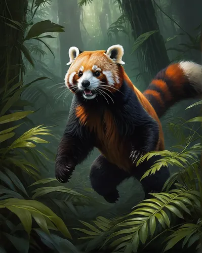 Create a suspenseful scene where a lesser panda is being chased through a dense jungle by a predator.,red panda,mustelid,forest animal,chestnut tiger,aaa,patrol,ring-tailed,bamboo,anthropomorphized an