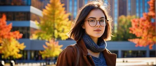 Modern architectural designer, young adult, (20yo), stylish glasses, short brown hair, minimal makeup, casual wear, holding a large portfolio, standing confidently, New York City, prestigious universi