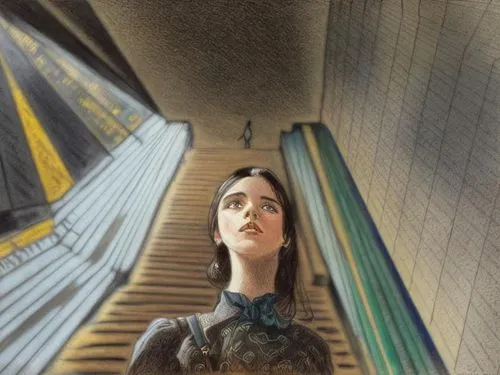 color pencil  of dark haired woman in a subway looking down,girl on the stairs,the girl at the station,escalator,metro escalator,vertigo,sci fiction illustration,stairway,subway station,elevator,esche