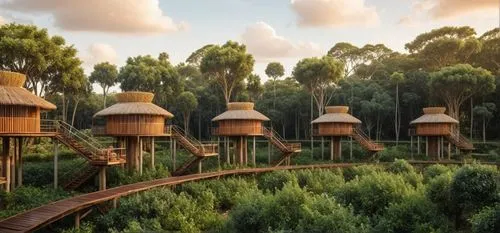 tropical bungalows, house on the tree, high tree garden,treehouses,tree house hotel,naboo,riftwar,ecotopia,elves flight,treehouse,gondwanaland,treetops,hanging houses,ecovillages,tree tops,ecovillage,