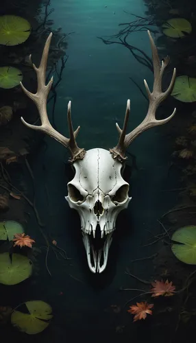 skull illustration,skull rowing,deer illustration,skull with crown,animal skull,scull,antler,deer head,whitetail,deer in tears,backwater,skull mask,antlers,bayou,skull drawing,death's head,antler velvet,water creature,depth,skull bones,Illustration,Realistic Fantasy,Realistic Fantasy 18