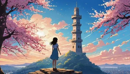 japanese sakura background,sakura background,tanabata,sakura trees,sakura tree,ghibli,sakura,sakura blossom,sakura blossoms,hanami,the cherry blossoms,studio ghibli,sky tree,beautiful wallpaper,nadeshiko,fairy chimney,nouaimi,spire,kizu,earth rise,Illustration,Japanese style,Japanese Style 06