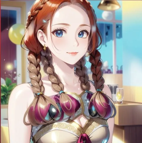 sexy dress 4 braids hair, smiling, red lips, big boobs, skimpy outfit,an animated character wearing ids and a ,dressup,cana,aerith,beatrix,lyria,haixia,Anime,Anime,Traditional