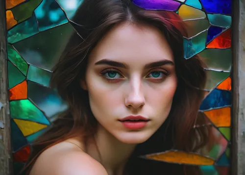 stained glass, a beautiful girl, relaxed, portrait photograph, heterochromia, dreamy, prismatic image, chromatic aberration, pearlescent colors and reflections, shattered in the mountains an image by 