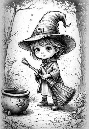 : Design Sketch-Rough Outline ,a drawing of a girl dressed as a witch holding a broom,schierke,schierholtz,schierstein,witch,witchel,halloween witch,Design Sketch,Design Sketch,Detailed Outline