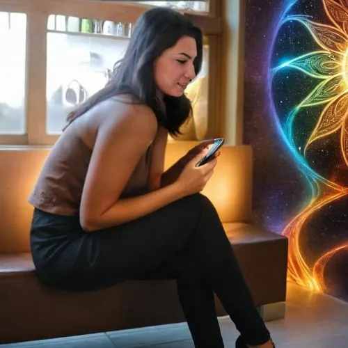 woman holding a smartphone,light drawing,siri,drawing with light,girl at the computer,light paint,cortana,andreasberg,sonakshi,jinglei,light art,lumia,light painting,glass painting,programadora,auras,imaginasian,illuminator,woman sitting,hologram