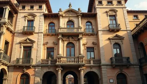 Ornate Renaissance palazzo, varied window styles, arched windows, rounded arches, ornamental keystones, rusticated stone walls, intricate carvings, classical columns, grand balconies, Juliet balconies