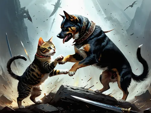 cat warrior,dog and cat,game illustration,dog - cat friendship,raging dogs,battle,schutzhund,cordoba fighting dog,german shepards,rain cats and dogs,animals hunting,hunting dogs,posavac hound,gsd,companion dog,game art,predation,dog illustration,canis panther,duel,Conceptual Art,Fantasy,Fantasy 12