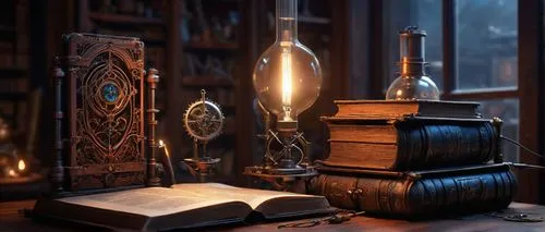 Fantasy allusion generator, mystical aura, intricate mechanical parts, glowing blue circuits, ornate copper wiring, delicate glass tubes, steam punk inspiration, Victorian-era design, leather-bound bo