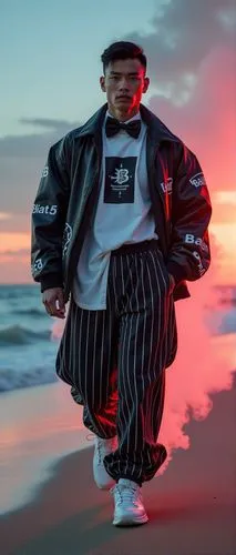 man wearing pinstripe pants and bomber at the beach,malone,tyga,cholo,treybig,phoronix,basmanny,Illustration,Realistic Fantasy,Realistic Fantasy 08