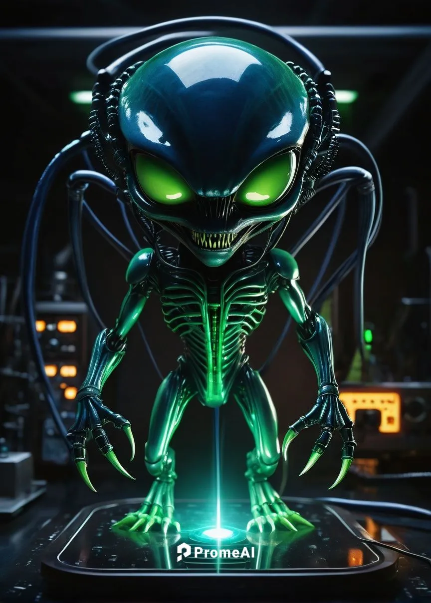 Chibi Xenomorph, alien creature, small size, cute facial expression, big eyes, sharp teeth, slender body, long tail, dark blue-black skin, metallic exoskeleton, glowing green veins, claws on hands and