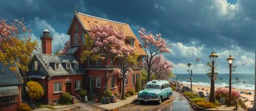 seaside resort,coastal road,studio ghibli,aurora village,seaside country,houses clipart,world digital painting,victorian house,street scene,home landscape,resort town,boulevard,wooden houses,victorian,neighbourhood,apartment house,cottages,background image,street car,fantasy picture,Photography,General,Fantasy