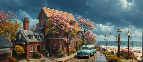 seaside resort,coastal road,studio ghibli,aurora village,seaside country,houses clipart,world digital painting,victorian house,street scene,home landscape,resort town,boulevard,wooden houses,victorian