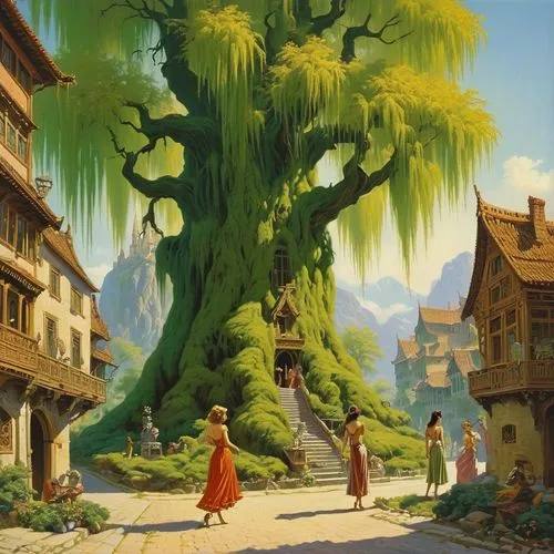 chipko,rivendell,ghibli,fantasy picture,studio ghibli,fantasyland,aurora village,whorwood,village scene,sylvania,fantasy world,mountain village,riftwar,fairy village,frontierland,escher village,yggdrasil,rapunzel,nargothrond,treehouses,Conceptual Art,Sci-Fi,Sci-Fi 19