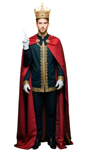 Stick figure king, simple face, crown, royal cape, golden accessories, slender legs, standing, confident pose, detailed fingers, white gloves, ornate throne, soft focus, shallow depth of field, warm l