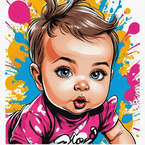 vector t-shirt art ready for print colorful graffiti illustration of close up of a cute baby girl born, frontal perspective, action shot, vibrant color, high detail, WHITE background,kids illustration