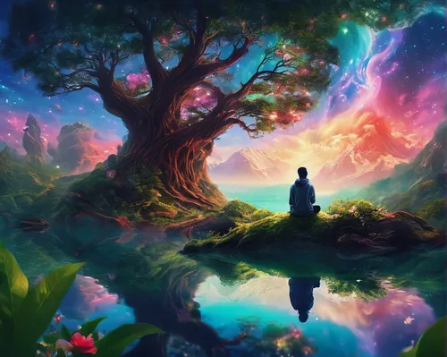 fantasy picture,meditation,colorful tree of life,magic tree,meditative,meditate,tree of life,fantasy landscape,mantra om,world digital painting,forest of dreams,the mystical path,dream world,enlightenment,garden of eden,fairy world,zen,wonderland,transcendental,astral traveler,Illustration,Realistic Fantasy,Realistic Fantasy 37