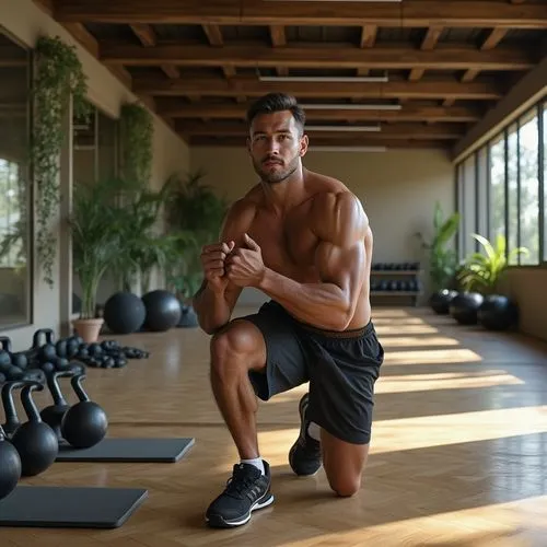 Fitness space, indoor, mud material, textured floor, natural earthy tone, modern minimalist interior design, walls adorned with greenery, large glass windows, abundance of natural light, mirrored wall