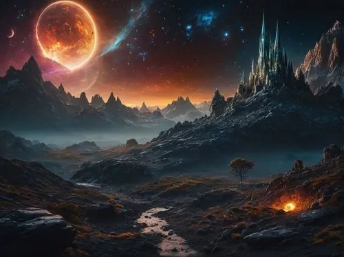 fantasy landscape,alien planet,alien world,lunar landscape,fantasy picture,volcanic landscape,exoplanet,gliese,exoplanets,extrasolar,space art,moonscape,starscape,dreamscape,valley of the moon,3d fantasy,barsoom,planetary,futuristic landscape,fire planet,Photography,General,Fantasy