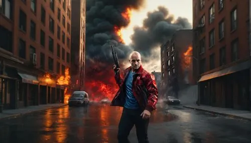 realistic, HD, accurate detail, unreal engine, city, on fire,,explosions,digital compositing,superhero background,fire background,exploding head,explode,photo manipulation,photomanipulation,pedestrian