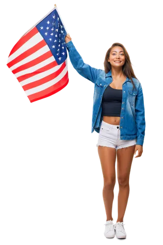 Free spirit, young woman, flowing long hair, waving American flag, blue denim jacket, white tank top, high-waisted shorts, sneakers, standing, freedom pose, sunset background, warm golden light, soft 