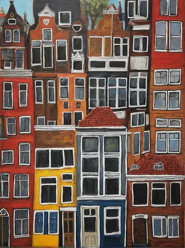 Amsterdam Houses is a painting by Shruti Prasad which was uploaded on ...,amsterdam,utrecht,zaandam,delft,row houses,row of houses,blocks of houses,houses,apartment house,willemstad,townhouses,apartme