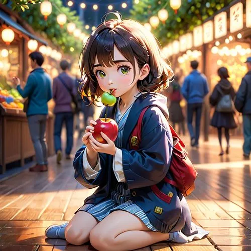 girl picking apples,eating apple,woman eating apple,kumiko,apple world,apple,Anime,Anime,Cartoon